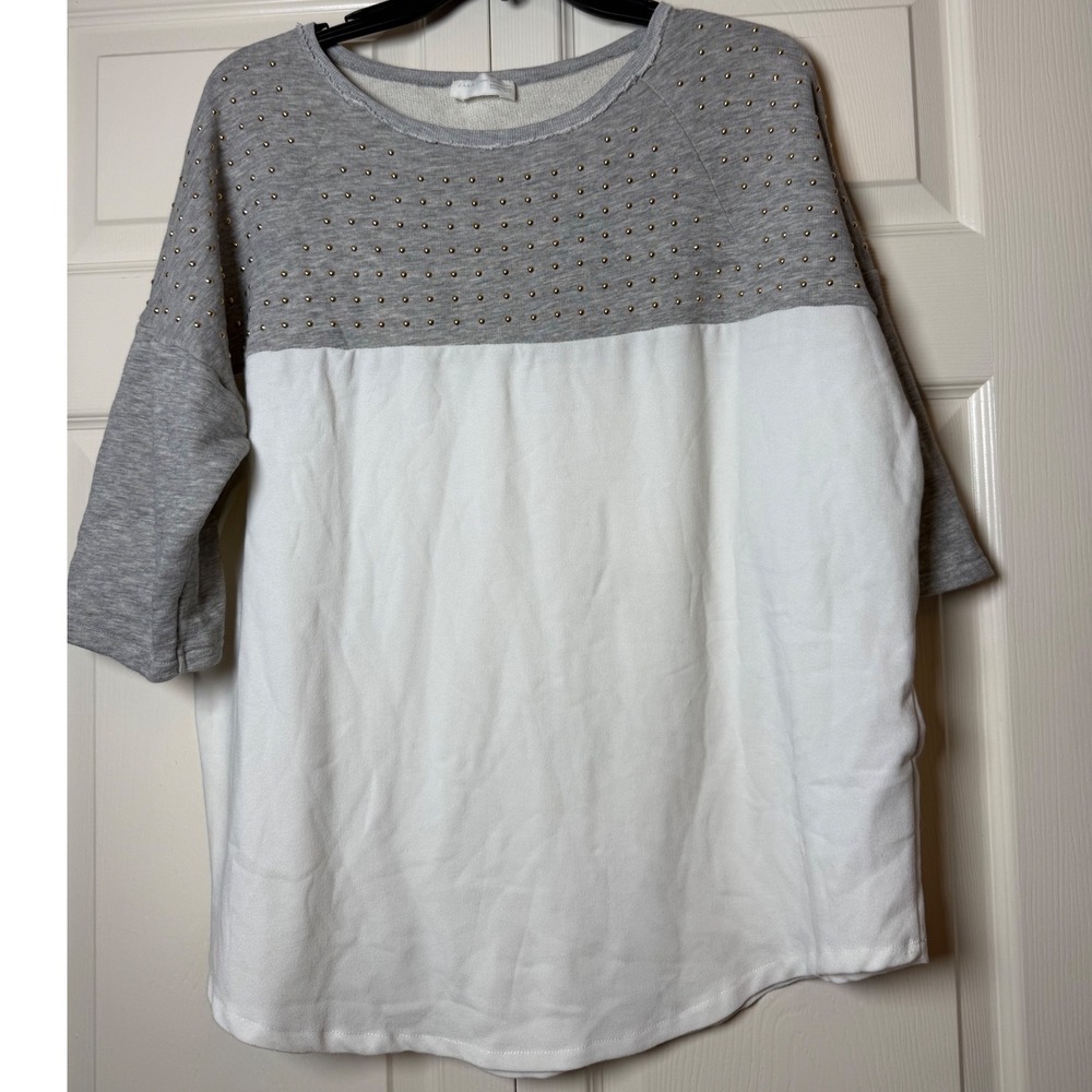 Zara T-Shirt Collection Gray White Colorblock Studded‎ Sweatshirt Large Womens